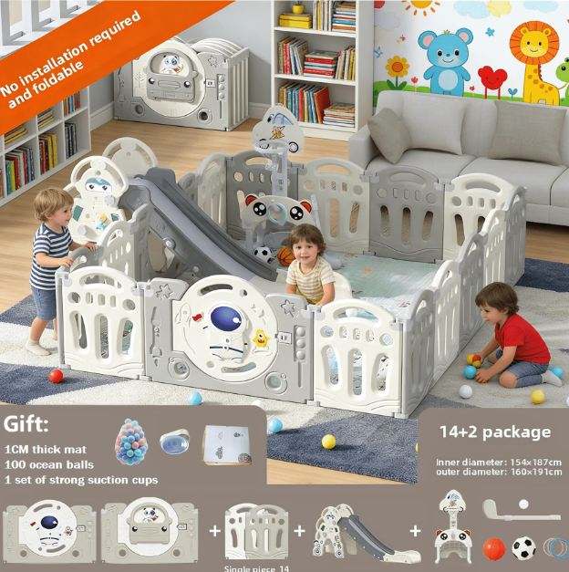Large Baby Playpen with Slide & Basketball Hoop – 14+2 Panels