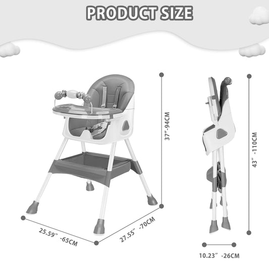 Foldable Baby High Chair 6+ Months with Large Antislip Pad & ToyRack